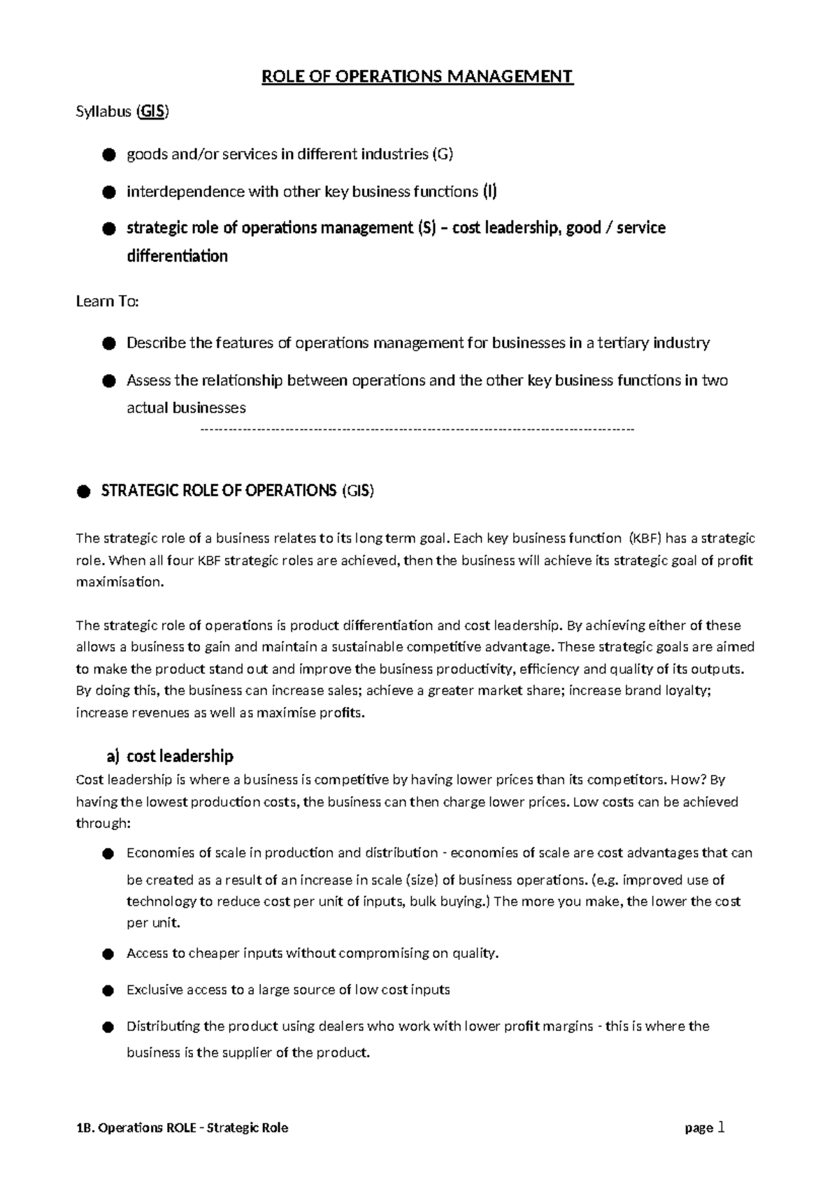 Operations Management: Strategic Role & Cost Leadership (GIS) - Studocu