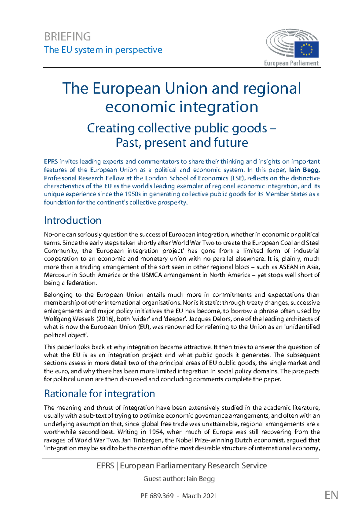 The European Union and regional economic integration - BRIEFING The EU ...