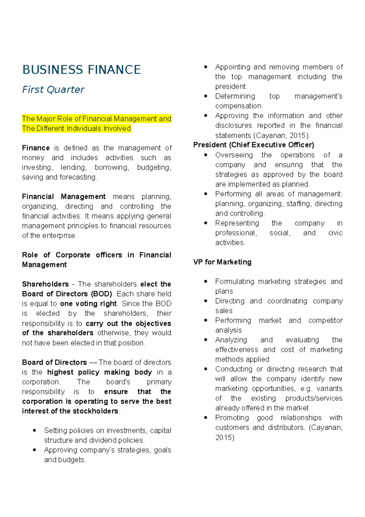 BUSINESS FINANCE 1st Quarter: Financial Management Roles and Functions ...
