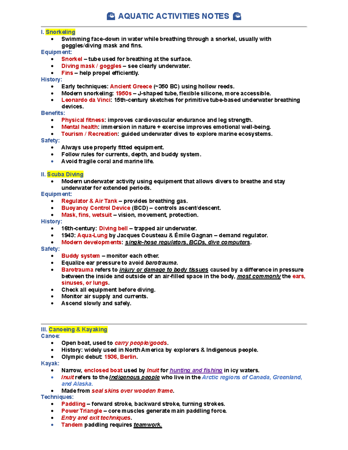 AQUATIC ACTIVITIES NOTES: PE&H 4 PRE Final Exam Guide - Studocu