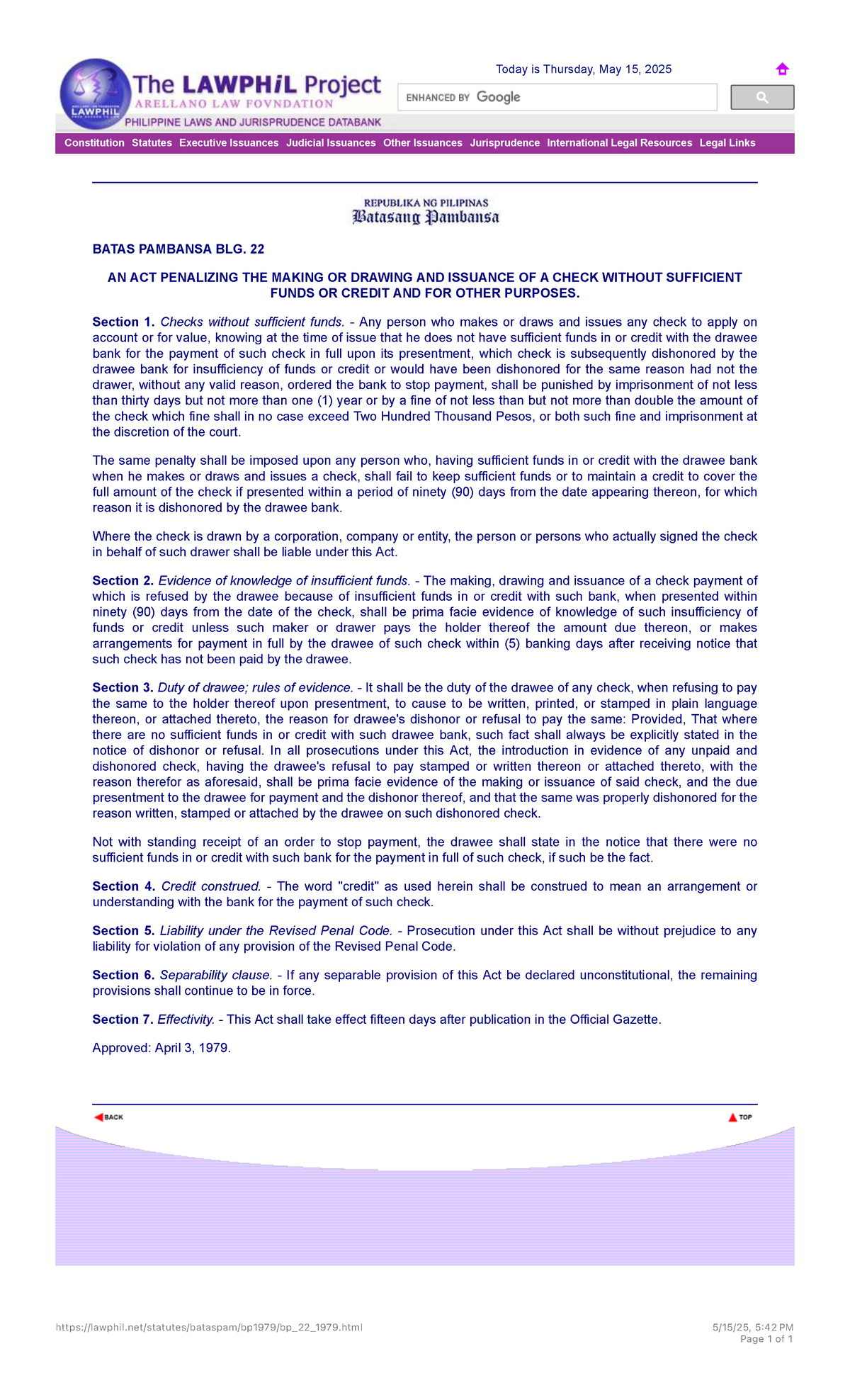 B.P. 22 - An Act Penalizing Insufficient Fund Checks and Liabilities ...