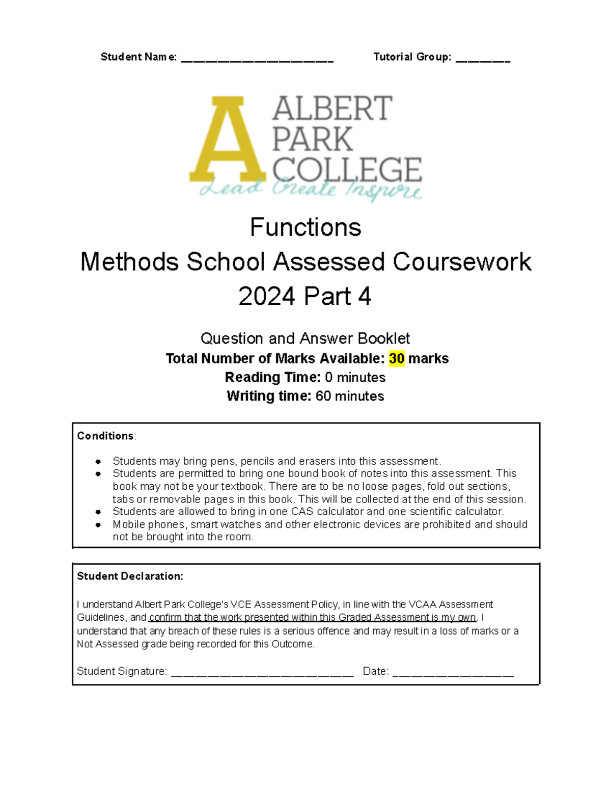 Methods SAC1: Functions & Graph Analysis - Q&A Booklet 2024 - Studocu