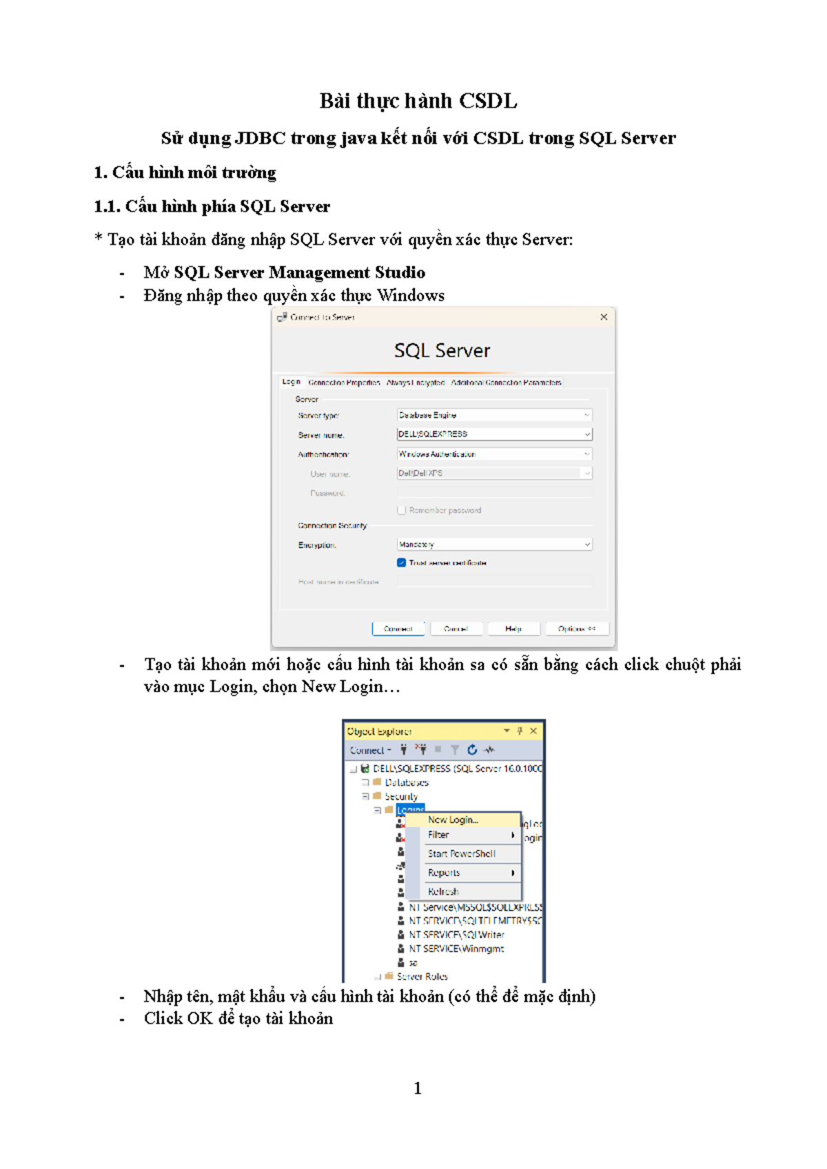 Thực Hành JDBC Kết Nối SQL Server trong Java - CSDL - lthdt - Studocu