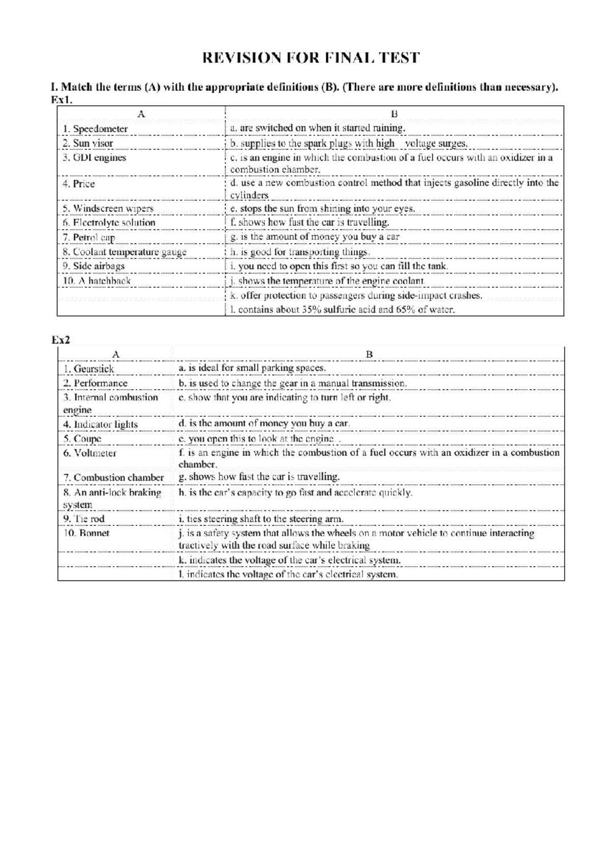 Automotive Systems: Revision for Final Test (Course Code: 20) - Studocu