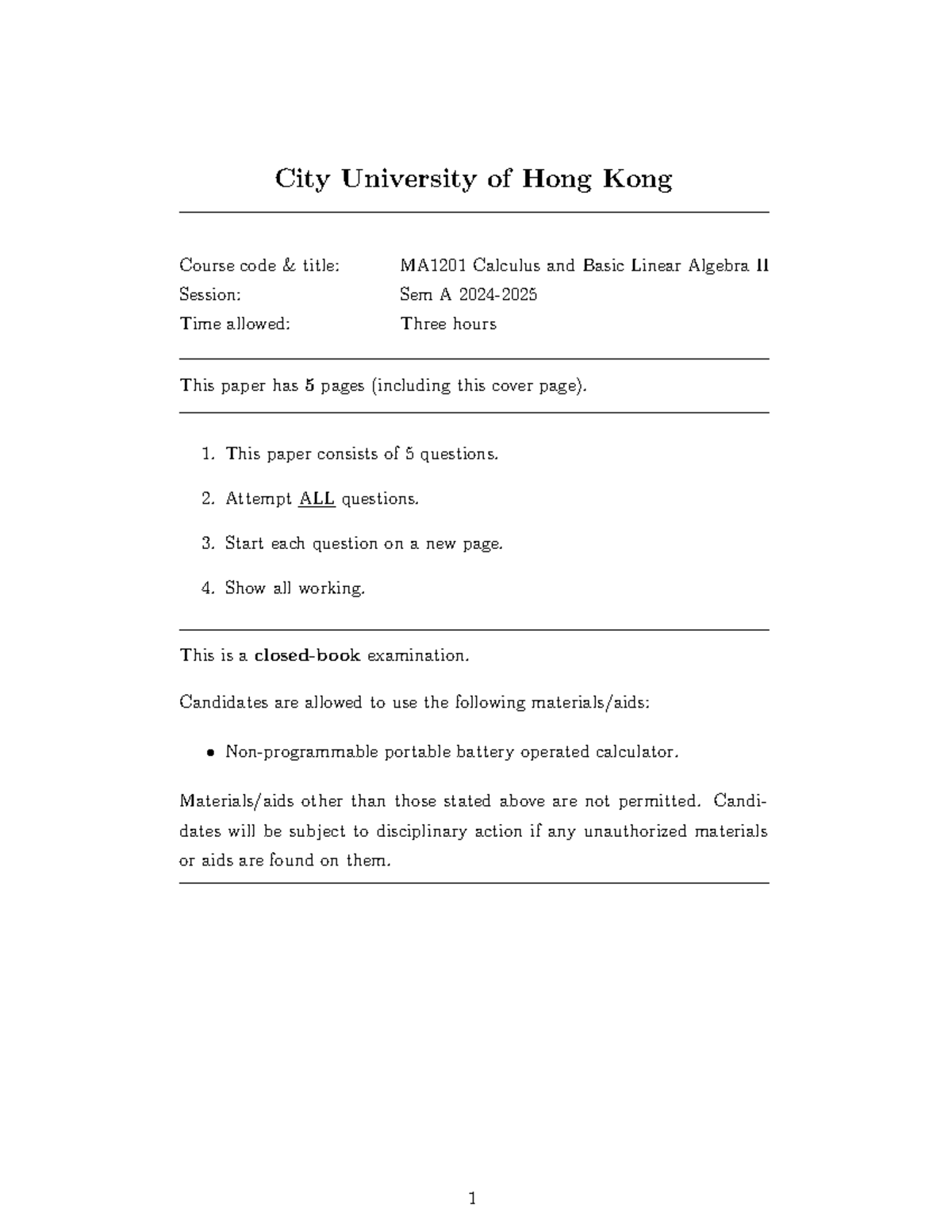 MA1201 Final Exam: Calculus and Basic Linear Algebra II Sem A - Studocu