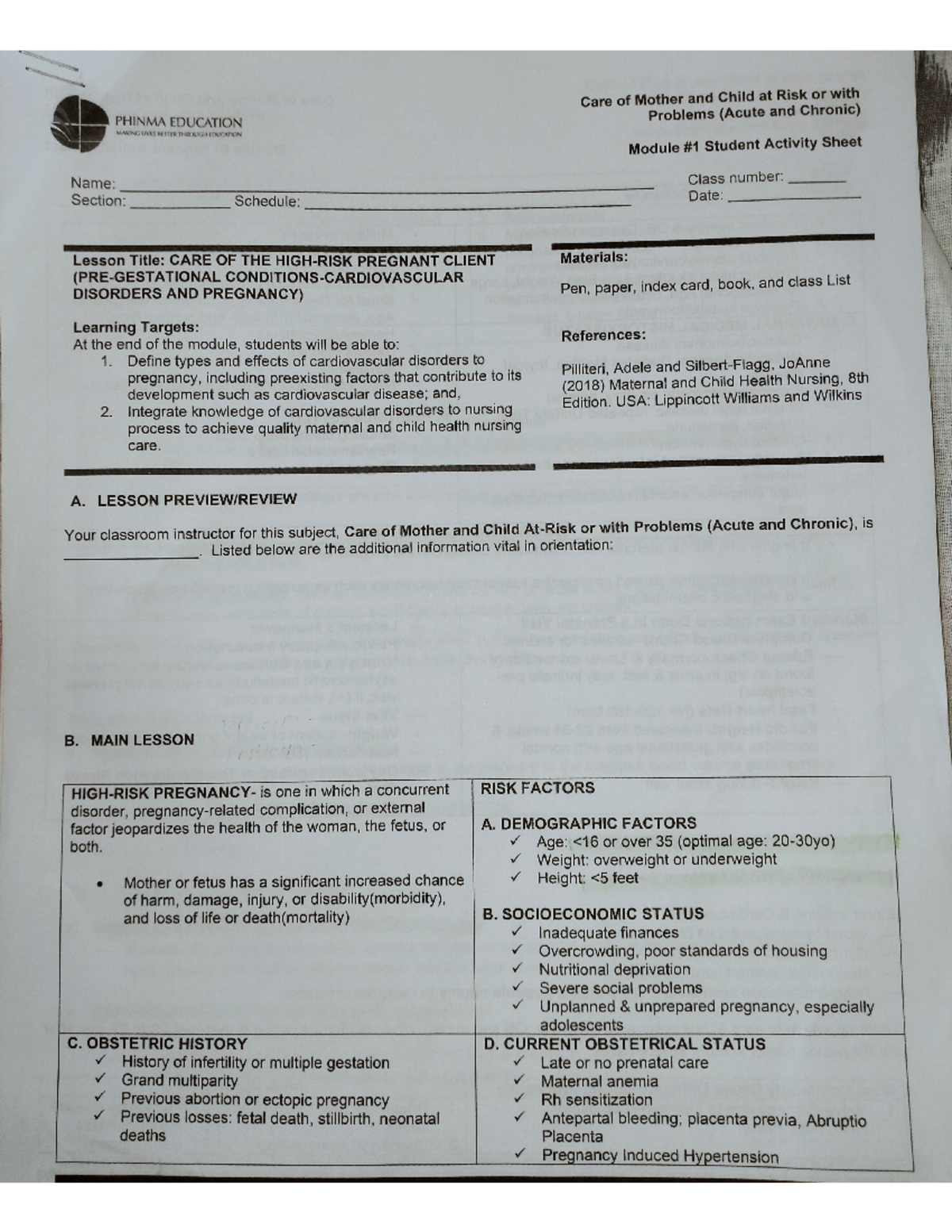 MCN LEC Module 1 - Care of the Risky Pregnant Client - Studocu