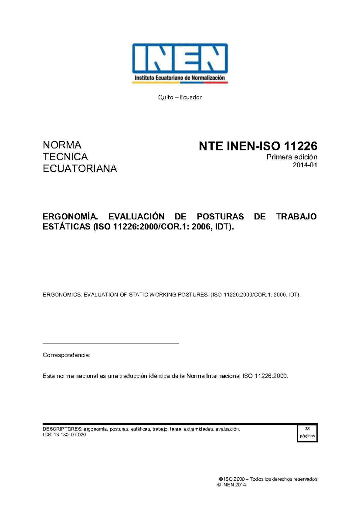 Norma Técnica NTE INEN ISO 11226: Evaluación de Posturas Estáticas - Document Preview