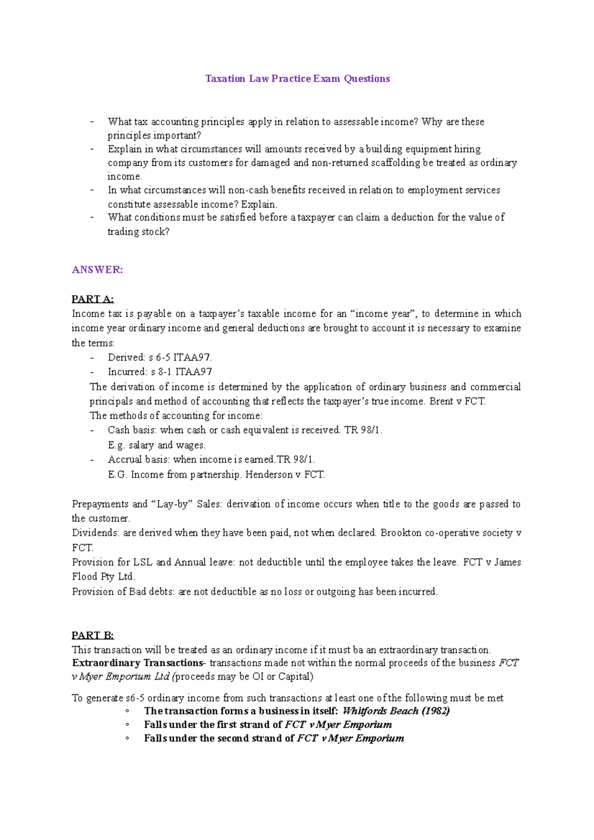 Taxation Law Practice Exam Questions: Key Areas and Analysis - Studocu
