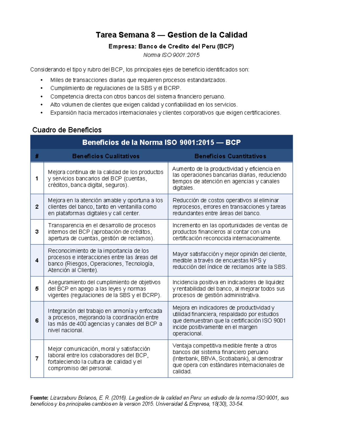 Tarea Semana 8: Beneficios de la Norma ISO 9001:2015 en BCP - Studocu