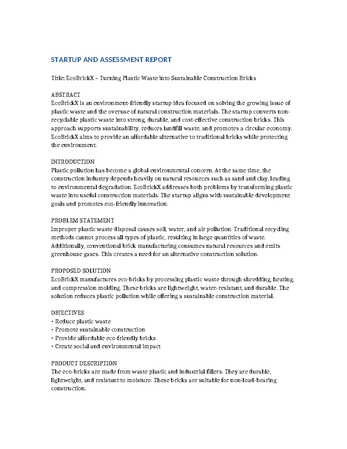 EcoBrickX Startup Assessment Report: Turning Waste into Bricks - Studocu