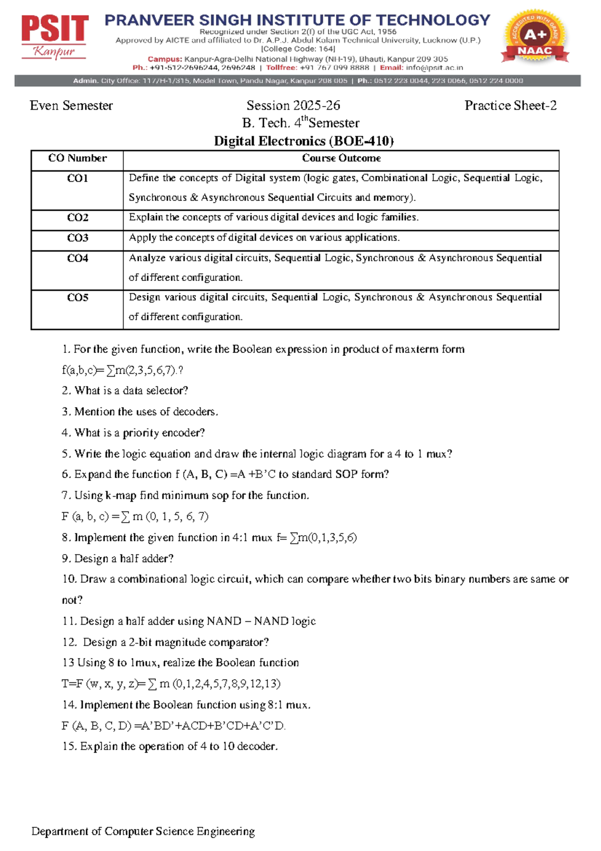 Boe410 Digital Electronics Practice Sheet 2 for Even Semester - Studocu