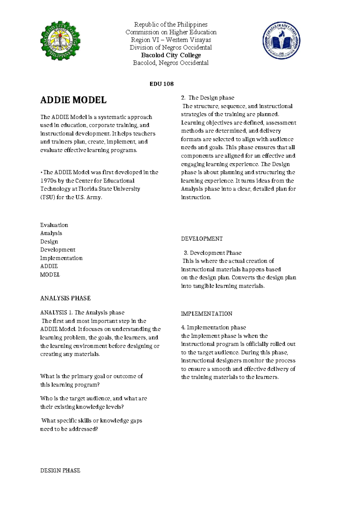 EDU 108 Final Exam Notes on the ADDIE Model in Instructional Design ...
