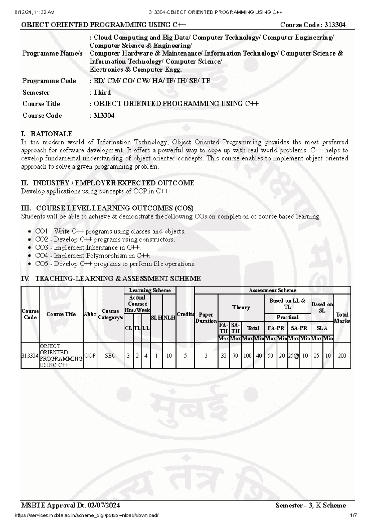 Object Oriented Programming Using C++ - Course Code: 313304 - Semester ...