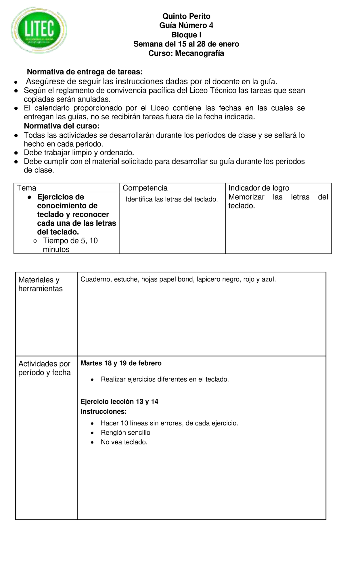 Guía No. 4 B1 Mecanografía: Ejercicios y Normativa del Curso - Document Preview
