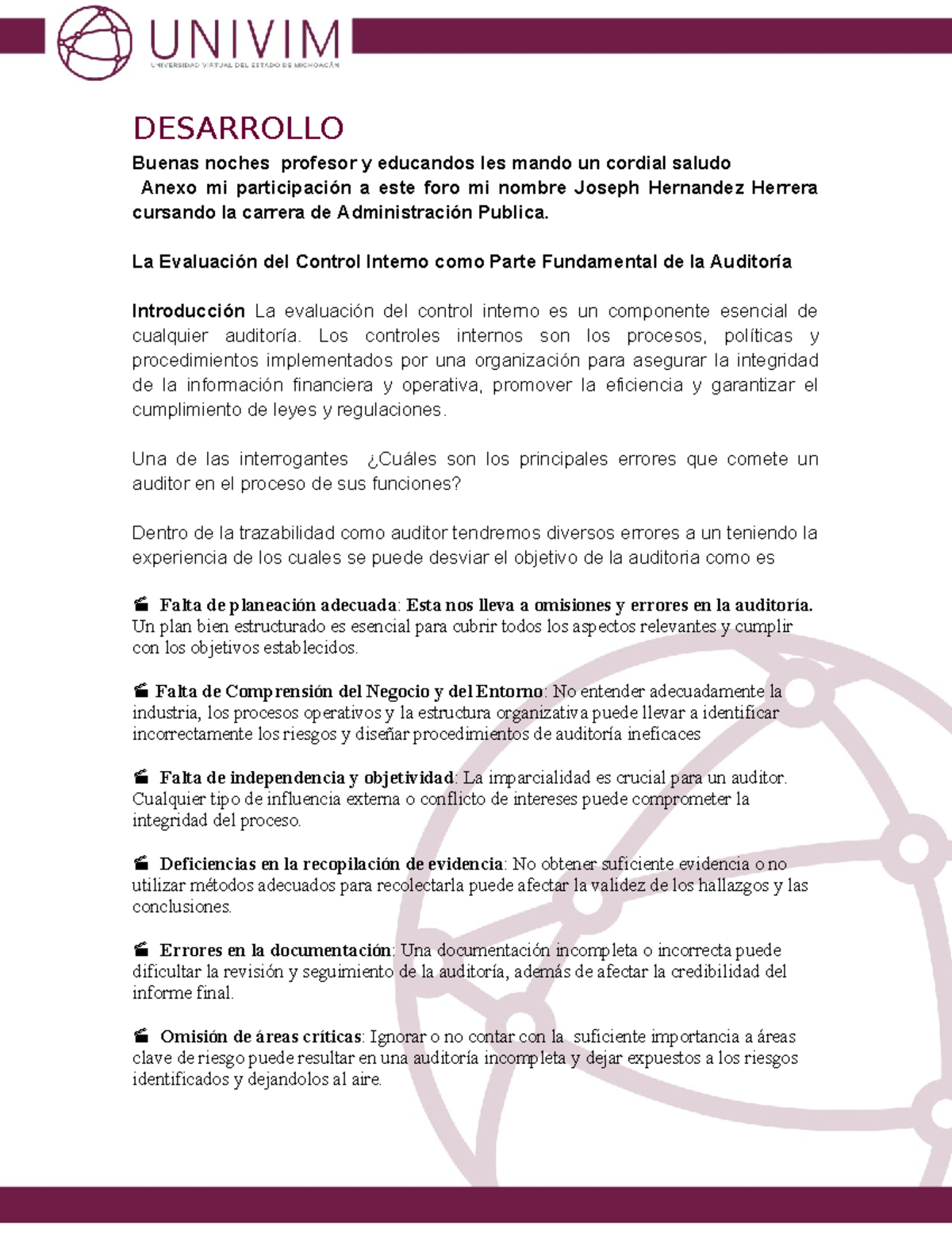 FORO 2 - Evaluación del Control Interno en Auditoría - Studocu
