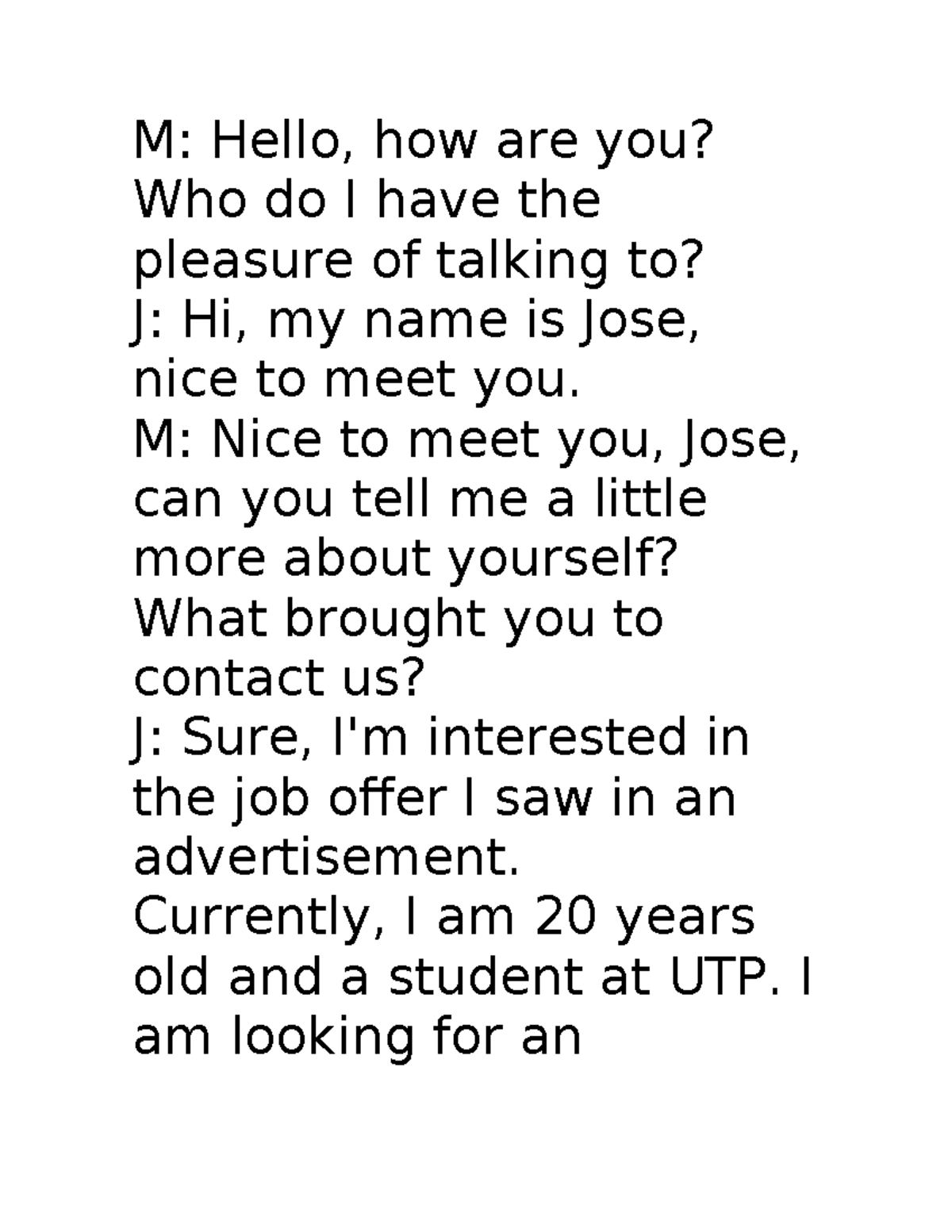 N1 - Job Interview Dialogue: Jose's Experience and Motivation - Studocu