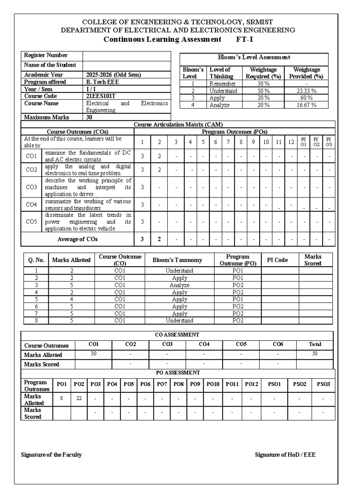 FT-I QP EEE AY25-26 - FT1 Continuous Learning Assessment - Studocu