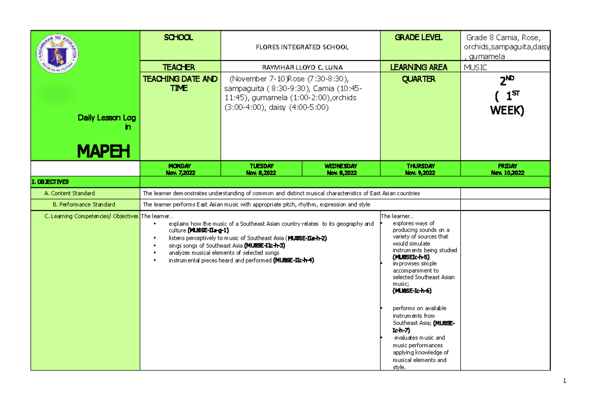 Q2 Grade 8 MAPEH Music Daily Lesson Log - Week 1 Overview - Studocu
