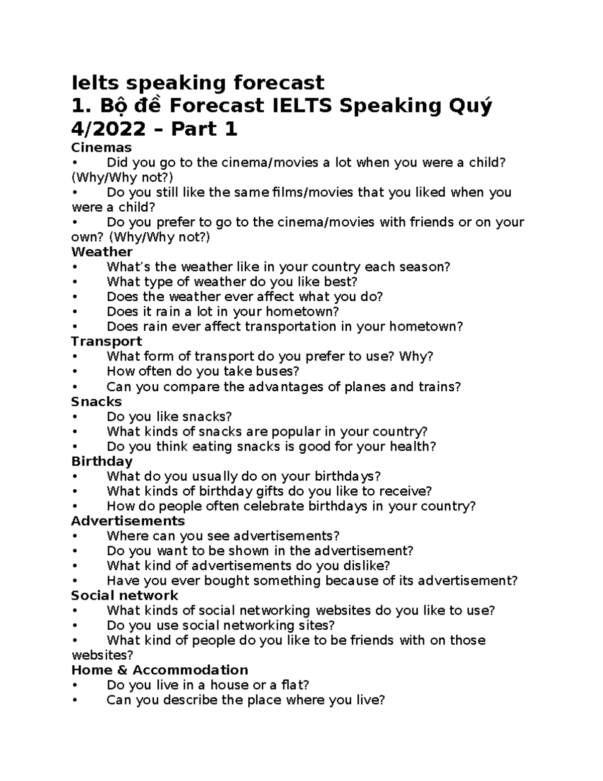 IELTS Speaking Forecast: Part 1 & 2 Questions and Answers Guide - Studocu