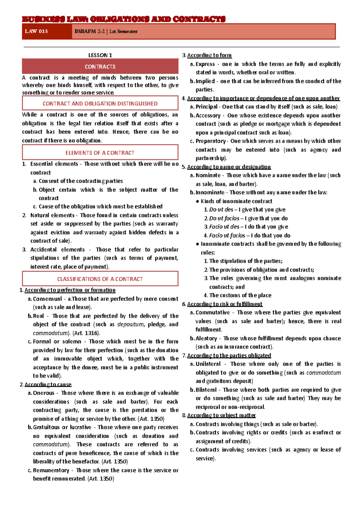 BUSINESS LAW: OBLIGATIONS AND CONTRACTS LAW 015 BSBAFM 1st Semester ...