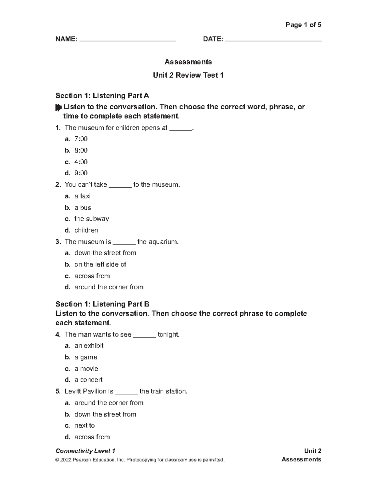 Connectivity Level Unit 2 Review Test 1: Listening, Vocabulary, Grammar ...