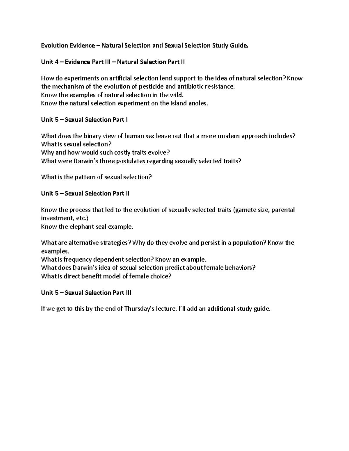 Evolution Evidence Study Guide: Natural & Sexual Selection Units 4-5 ...