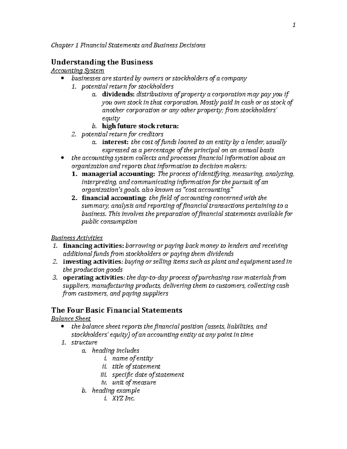 Ch 1: Overview of Financial Statements & Business Decisions - Studocu