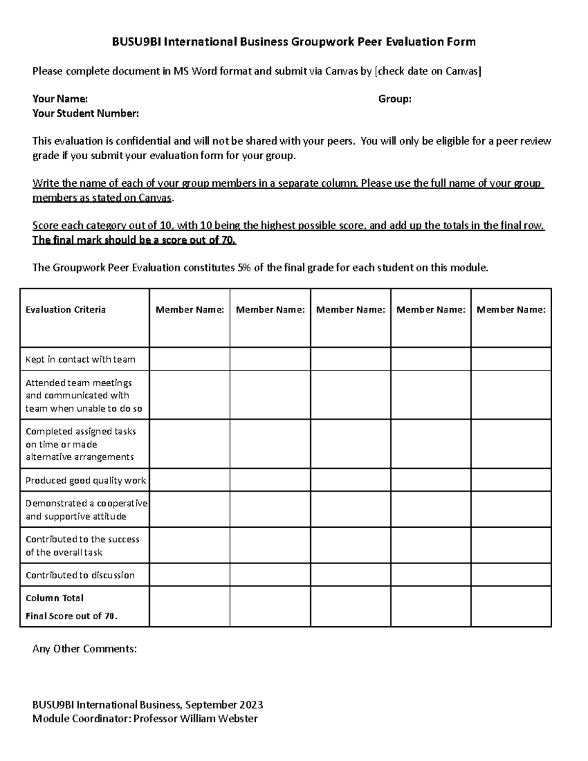 BUSU9BI International Business Groupwork Peer Evaluation Form - Studocu