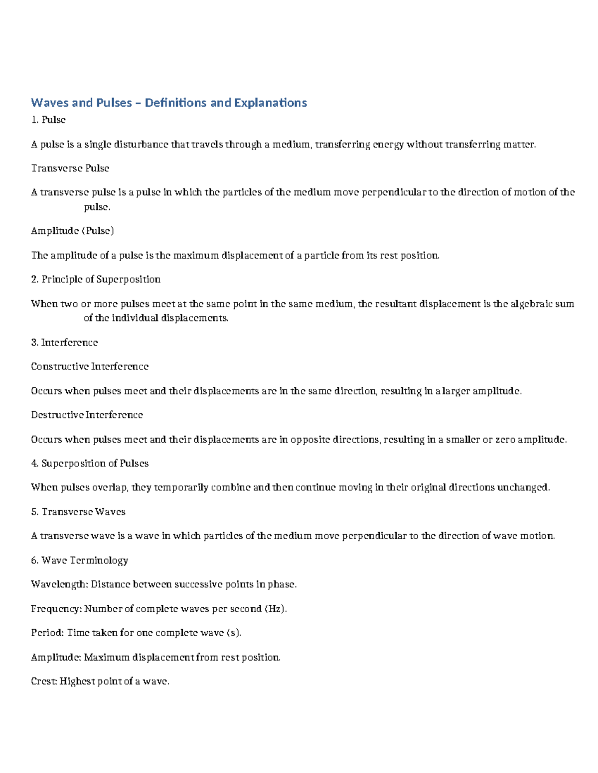 Waves and Pulses Notes - Definitions & Explanations - Studocu