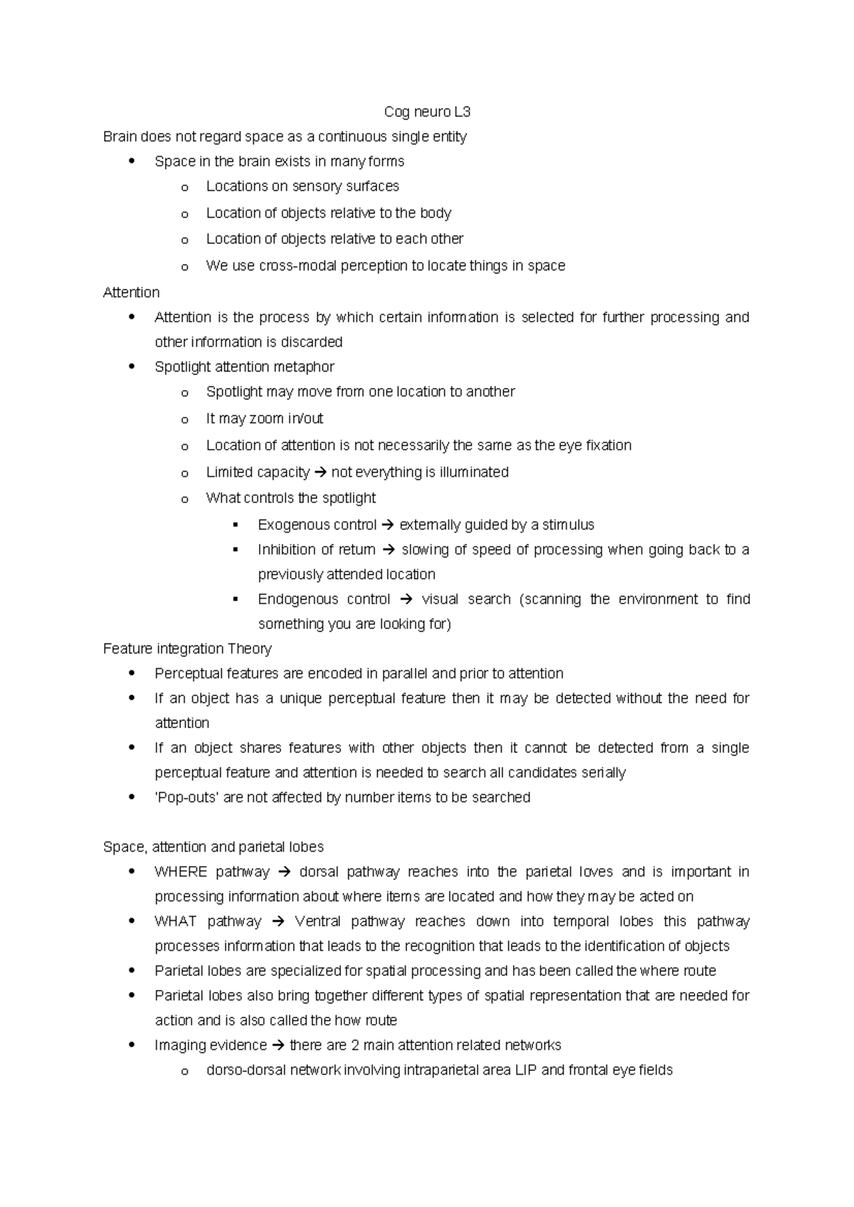 Cog Neuro L3 - Lecture Notes on Space, Attention, and Parietal Lobes ...