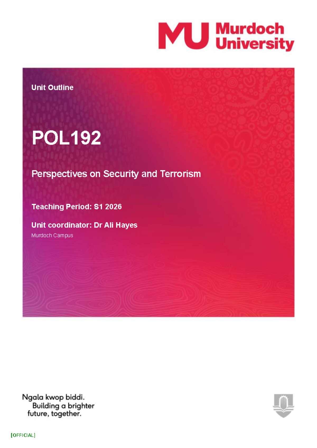 POL192 Unit Outline: Perspectives on Security and Terrorism (S1 2026 ...