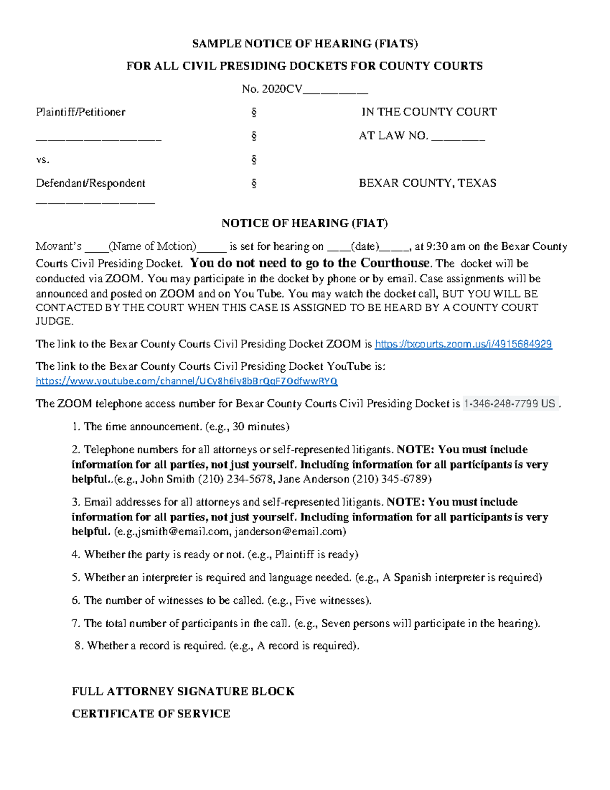 SAMPLE HEARING NOTICE FOR FIATS - BEXAR COUNTY COURT INFORMATION - Studocu