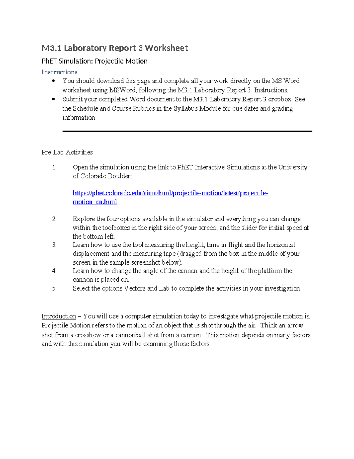 M3.1 Lab Report 3: PhET Simulation on Projectile Motion - Studocu