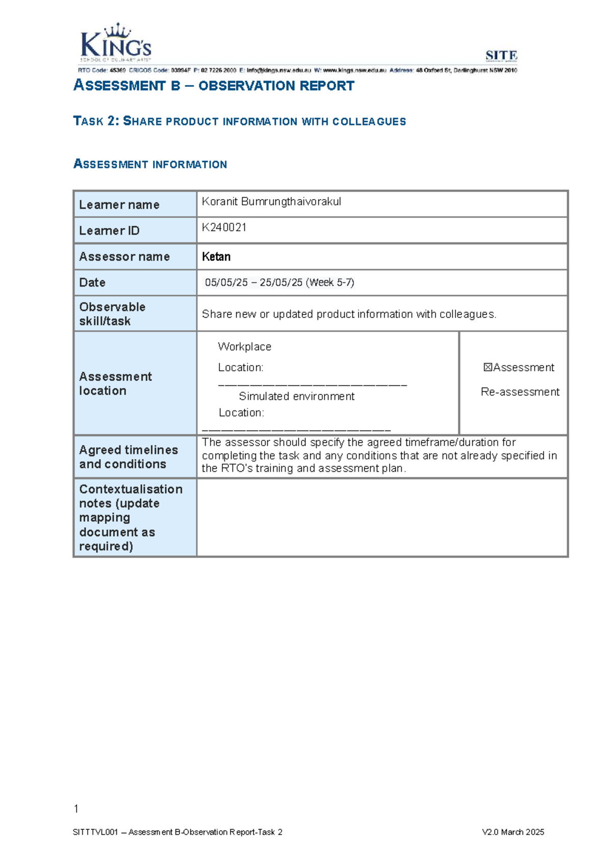 Sitttvl 001 Assessment B Observation Report: Sharing Product Info - Studocu