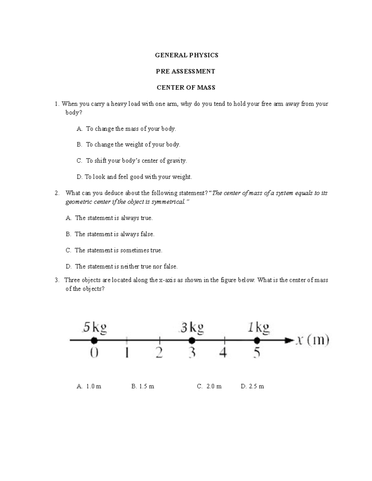 General Physics (PHYS101) - Center of Mass Practice Questions - Studocu
