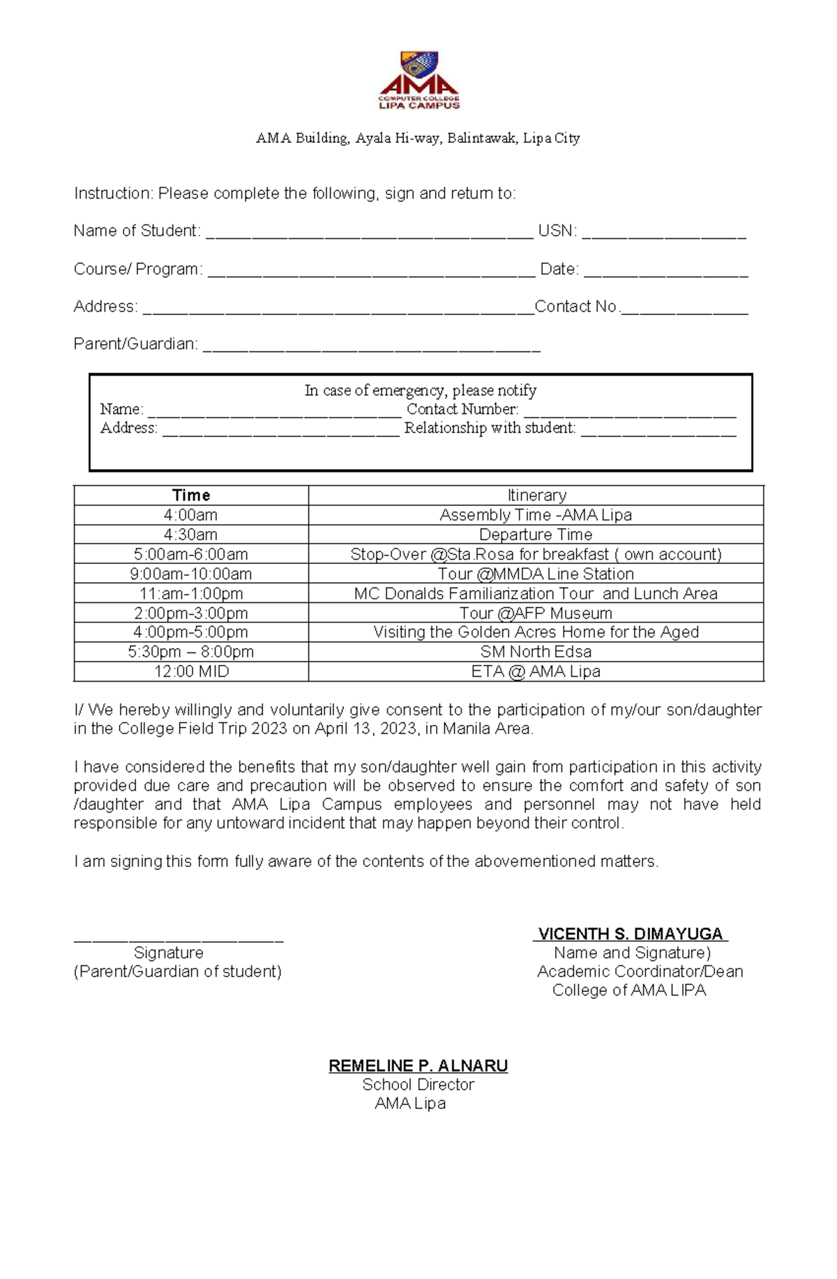 AMA Lipa Field Trip 2023: Parent Consent Form - Studocu