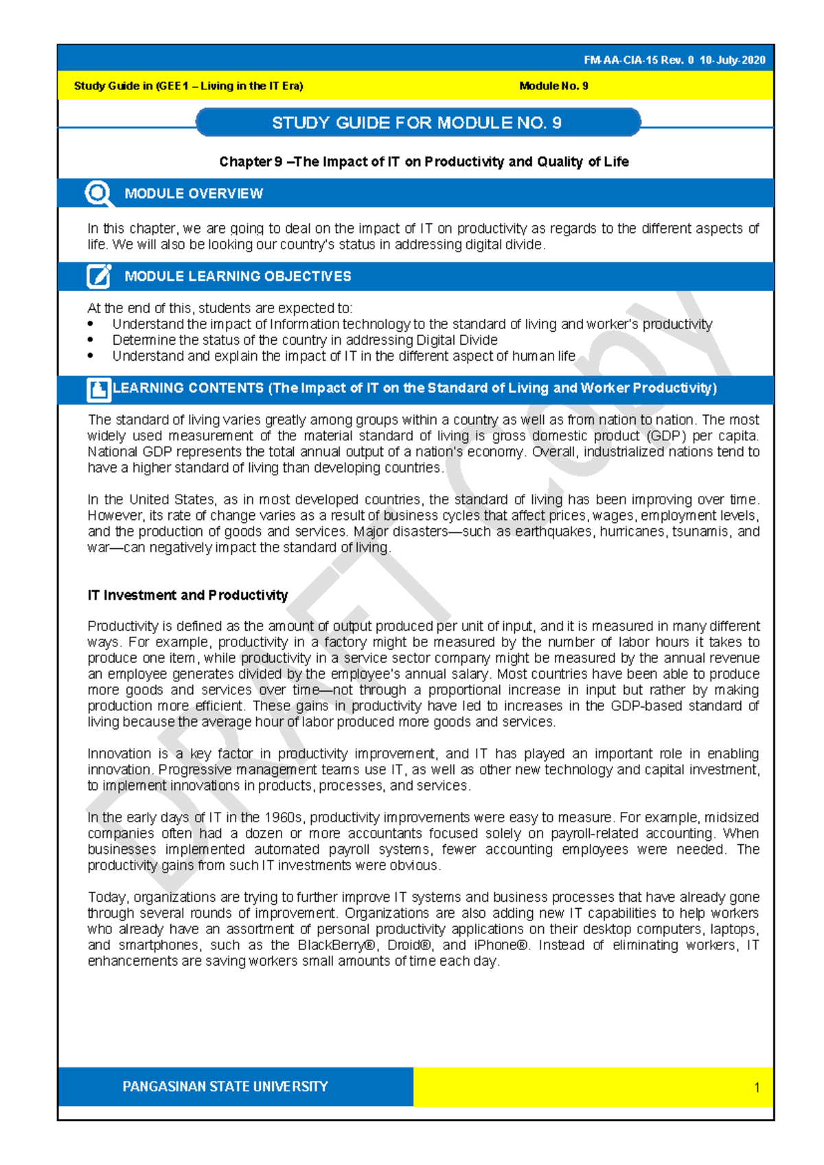Study Guide: GEE1 - Impact of IT on Productivity & Quality of Life ...