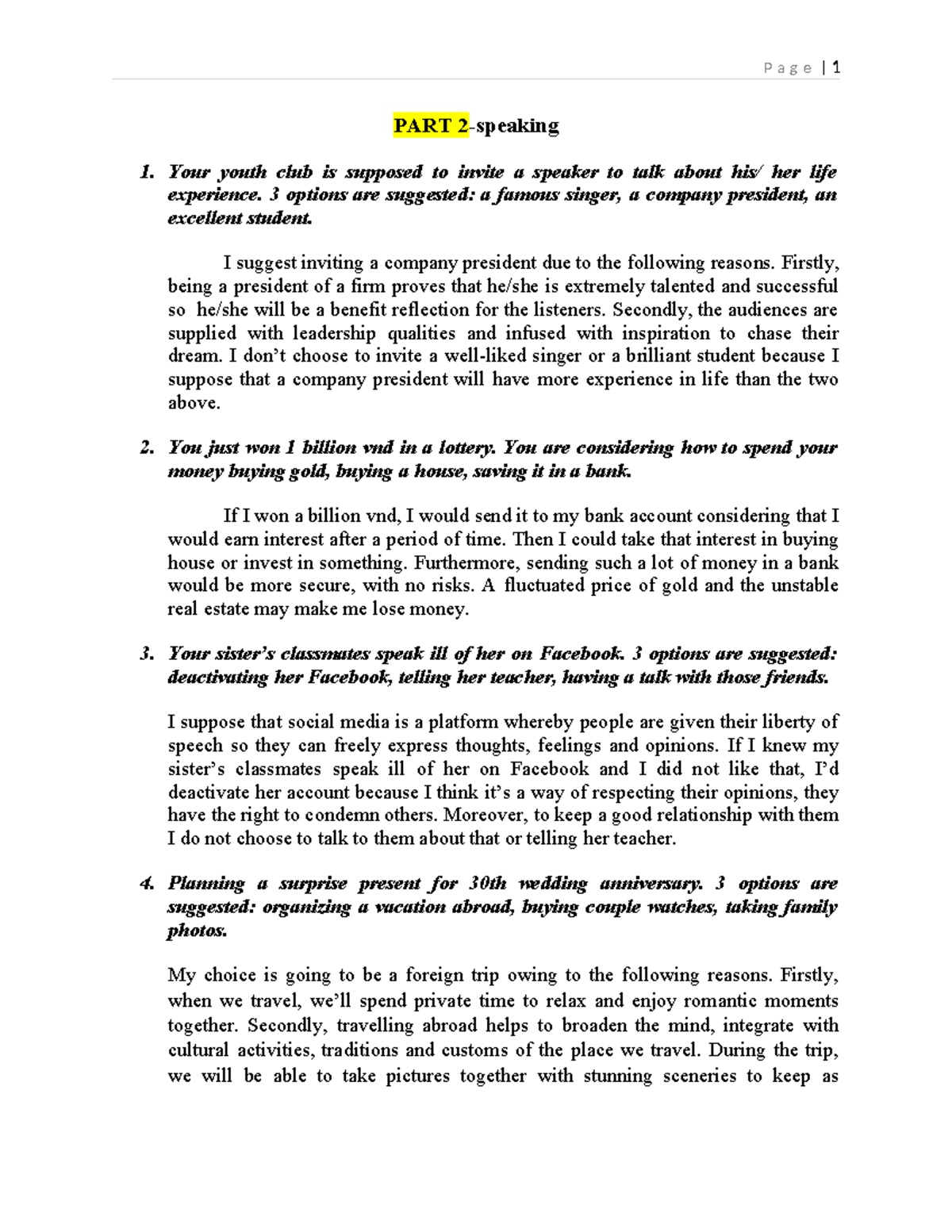 PART 2 - Speaking Exam Responses - ĐÁP ÁN - Studocu