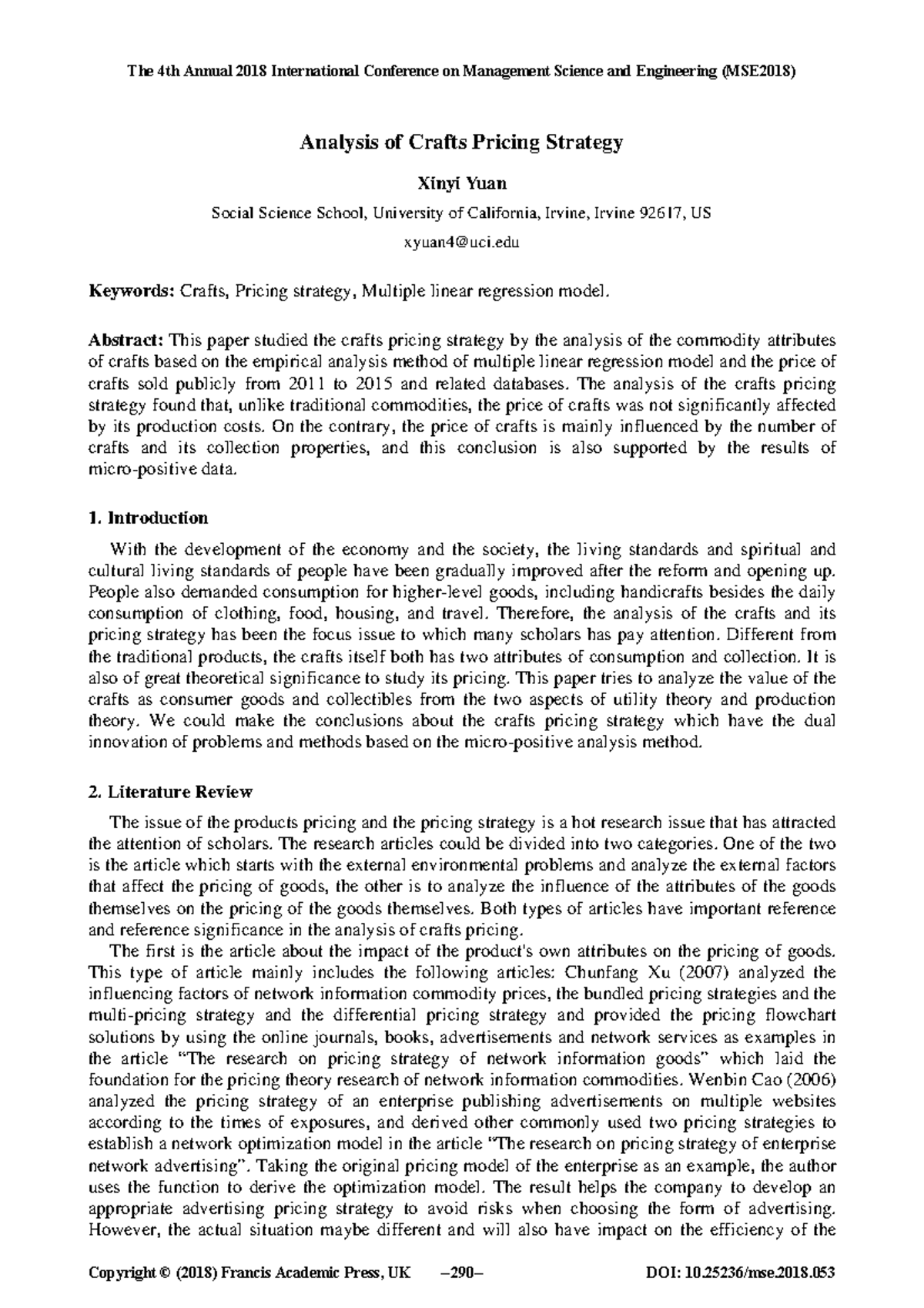 MSE2018 Analysis of Crafts Pricing Strategy Using Regression Models ...