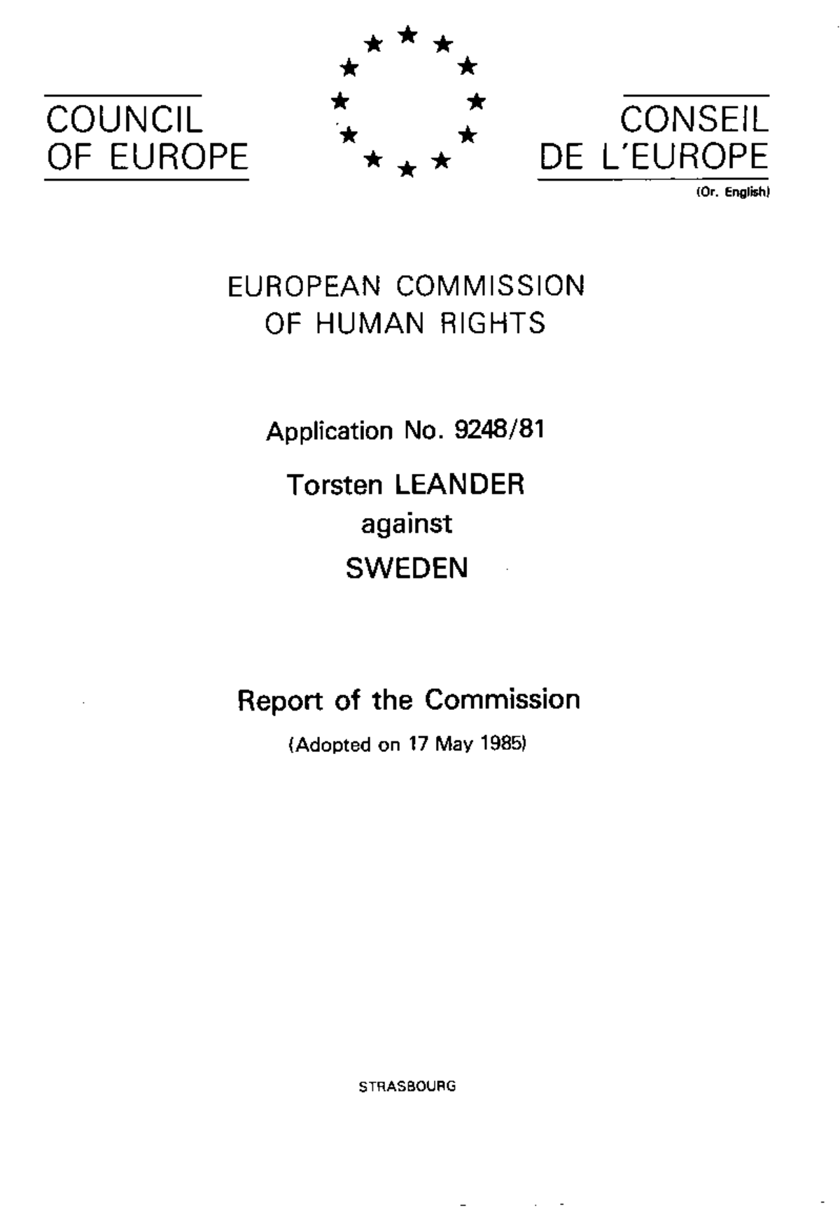 Leander v. Sweden: Analysis of the European Commission Report (9248/81 ...