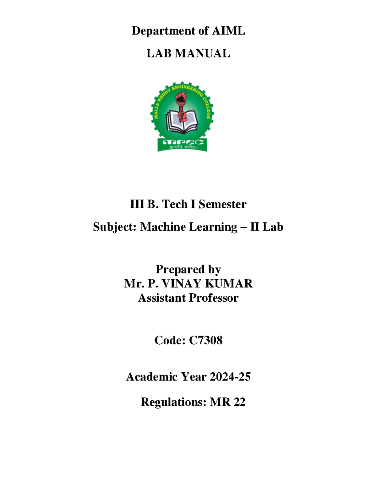 ML - II LAB Manual NEW - qweafsdsed - Department of AIML LAB MANUAL III ...