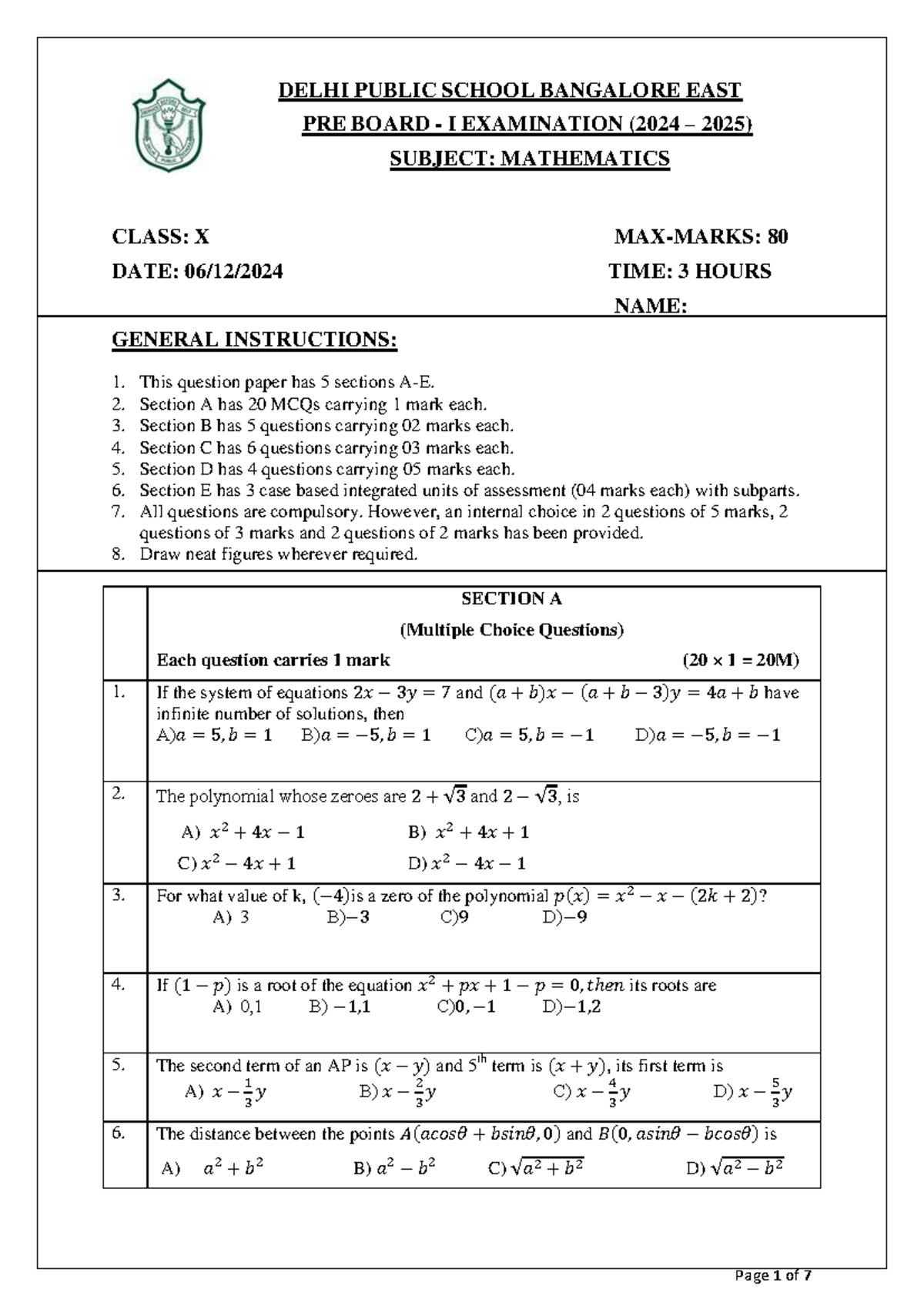 Mathematics Pre Board I Exam Paper - Class X (DPS Bangalore East) - Studocu