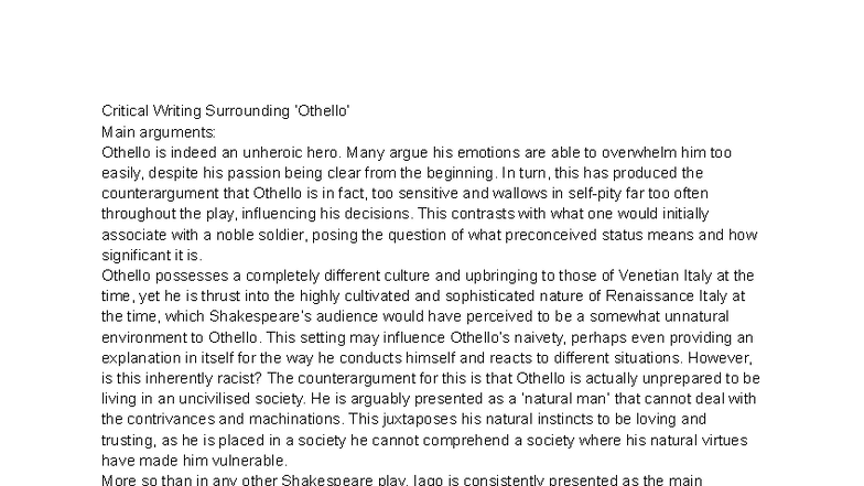 Critical Analysis of Othello: Unheroic Heroism and Cultural Conflict ...