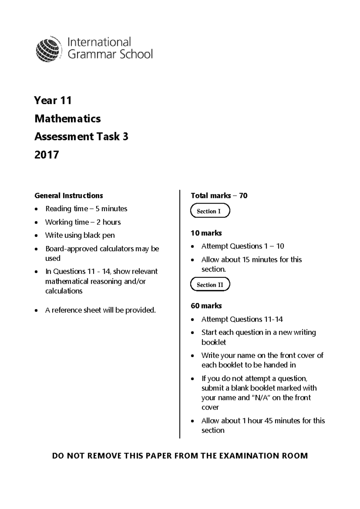 Year 11 Mathematics Assessment Task 3 2017 - Solutions & Instructions ...