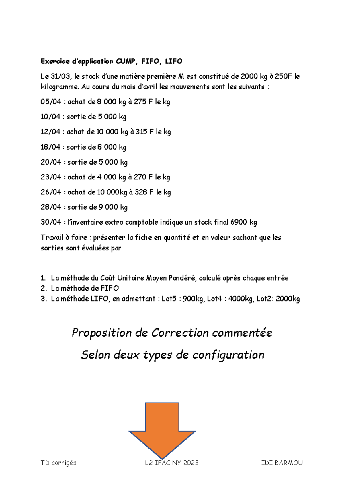 TD Corrigé - Méthodes de Valorisation de Stocks CUMP FIFO LIFO 2023 ...
