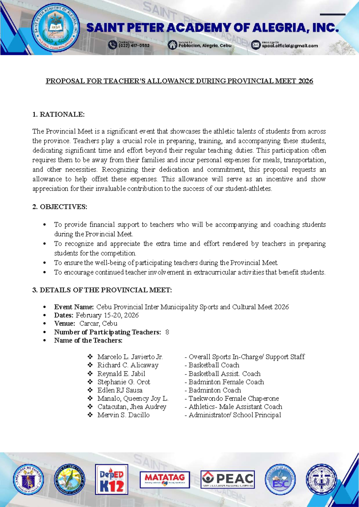 Proposal for Teacher Allowance During Provincial Meet 2026 - Studocu