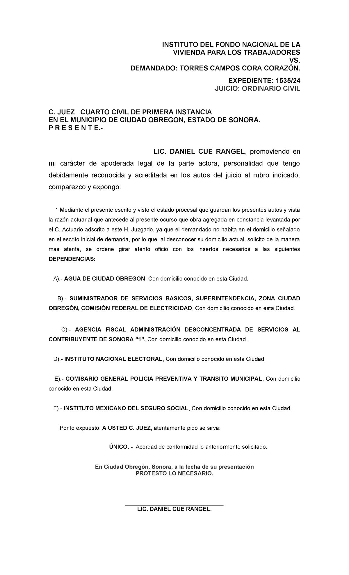 Solicitud de Oficios para Localización en Juicio Ordinario Civil 1535 ...