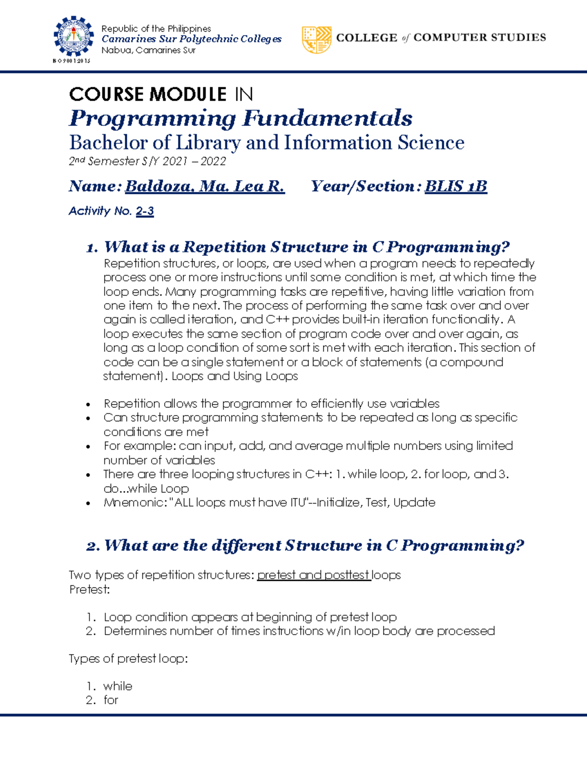 Programming-ASS2 - Camarines Sur Polytechnic Colleges Nabua, Camarines ...