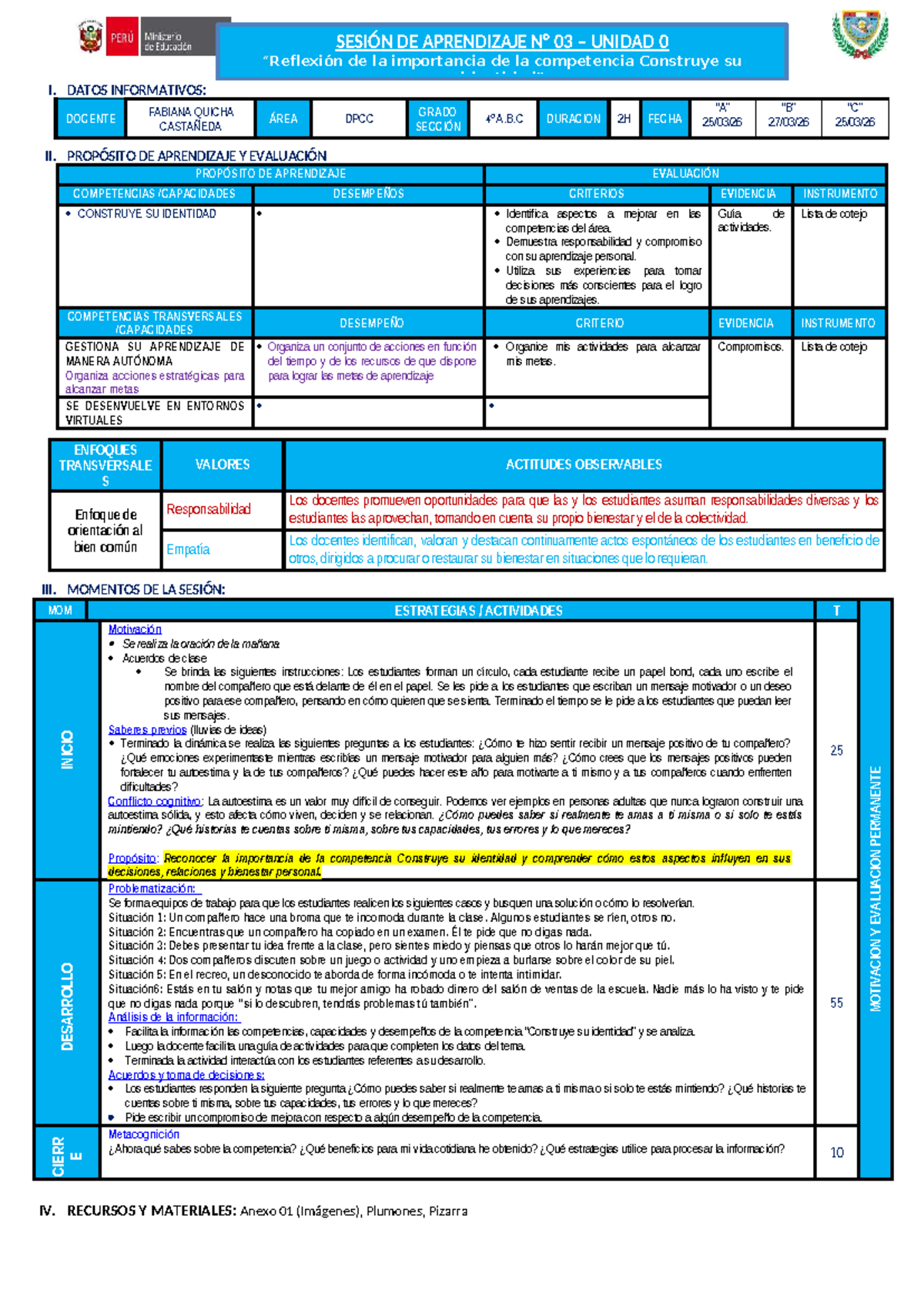 DPCC 4º A.B.C - Sesión de Aprendizaje 03: Construyendo Identidad y ...