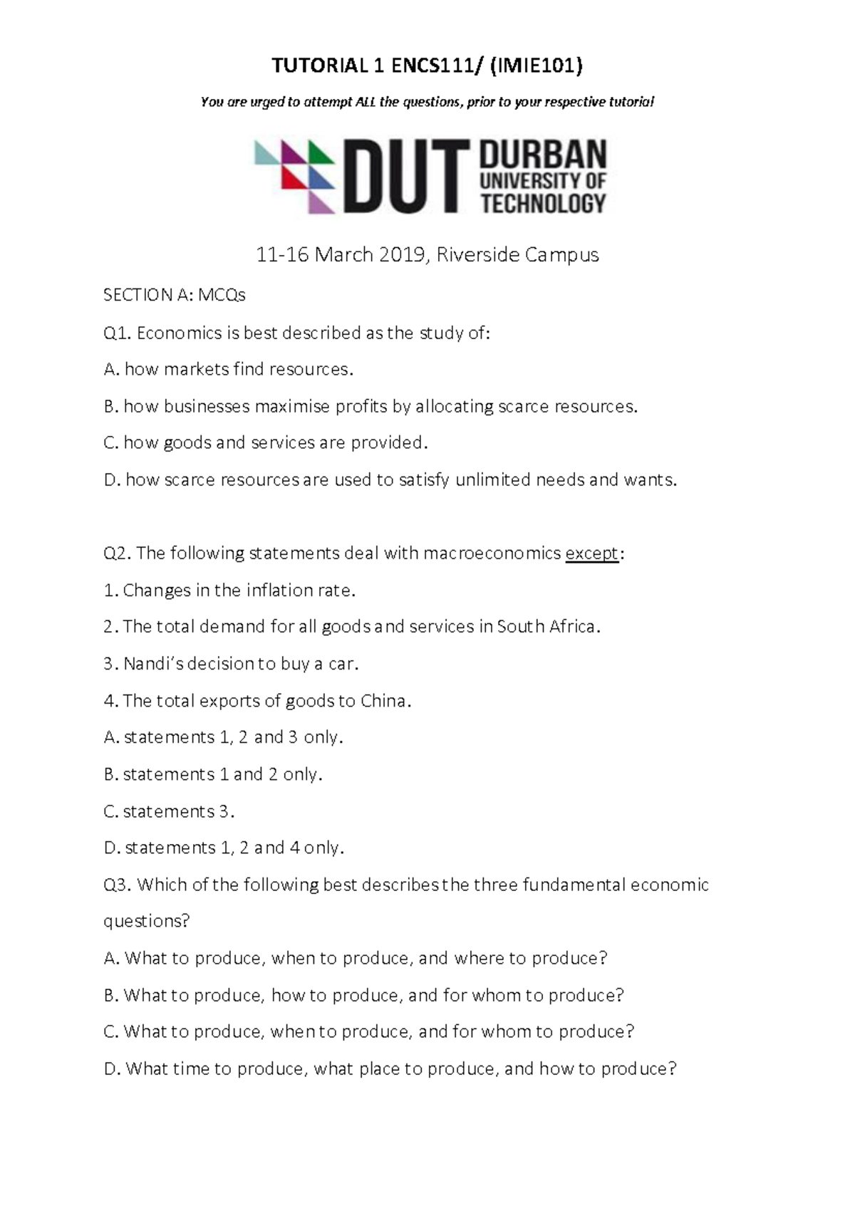 Tutorial 1 - Economics MCQs & PPC Concepts - IMIE101 (2019) - Studocu